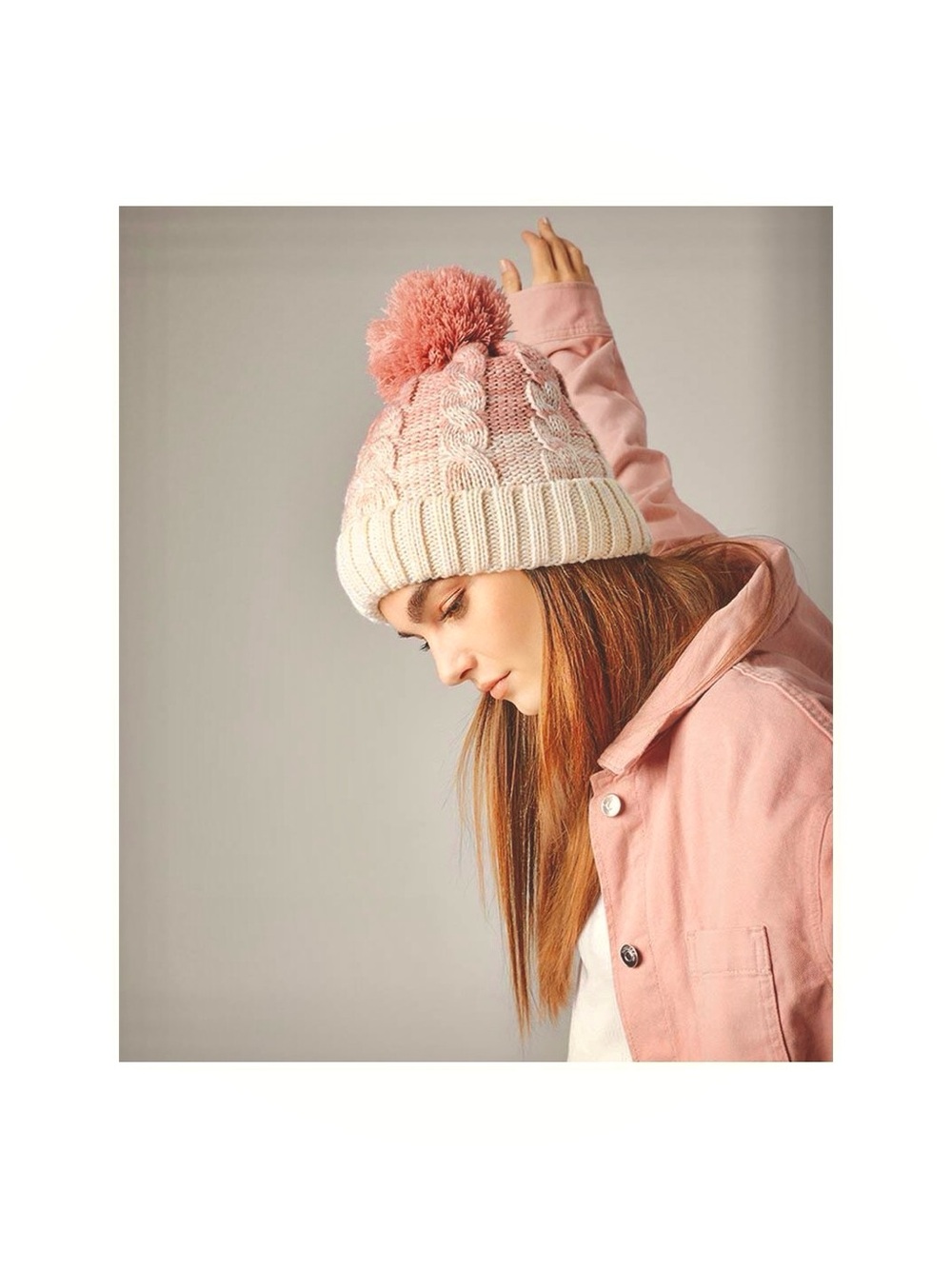 Pink Cable Knit Beanie Pom Pom Fleece Lined Winter Hat